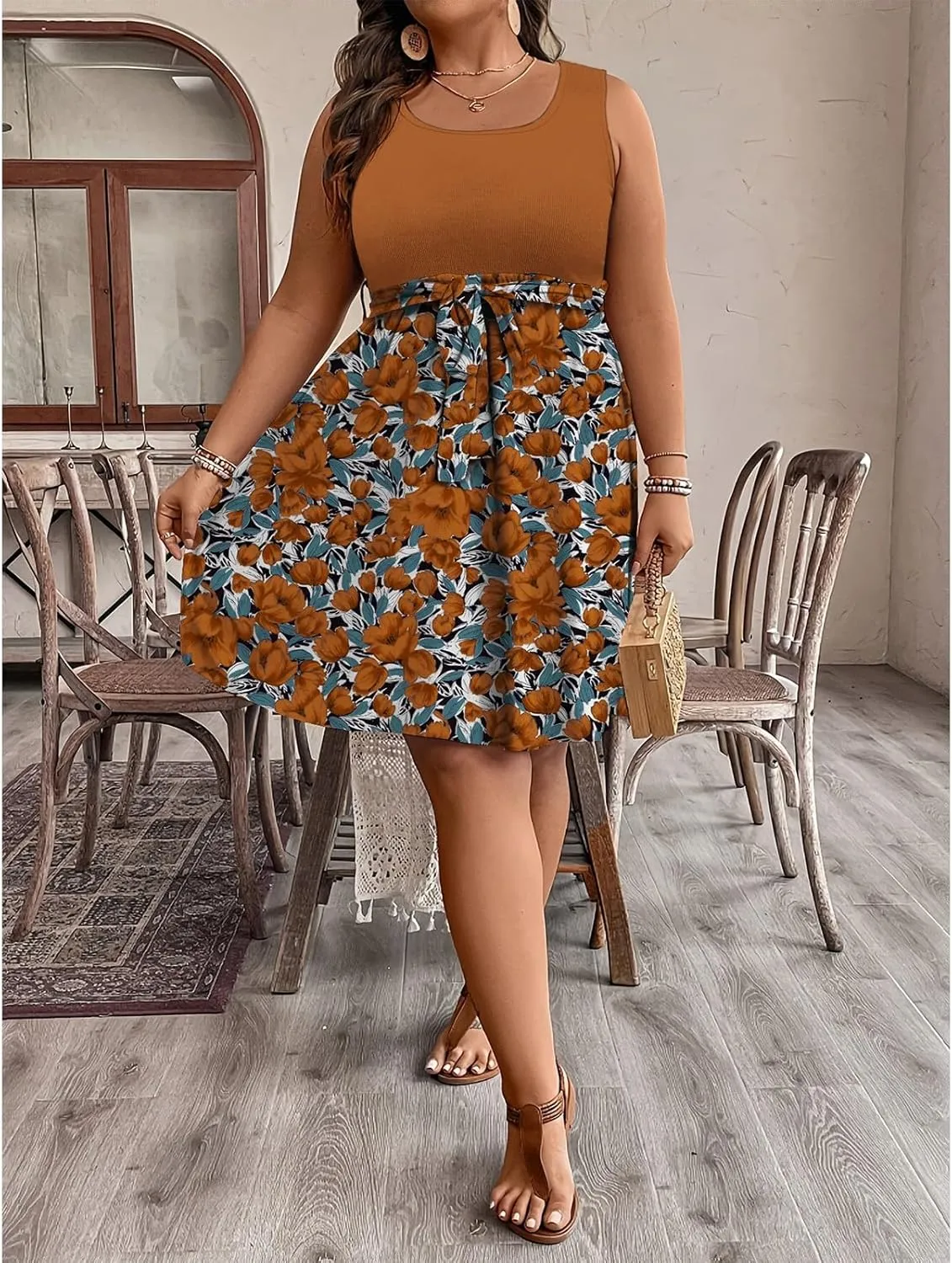 Plus Size Summer Sundress for Women Empire Waist Sleeveless Semi Formal Floral Dress Midi Length Belted Dresses