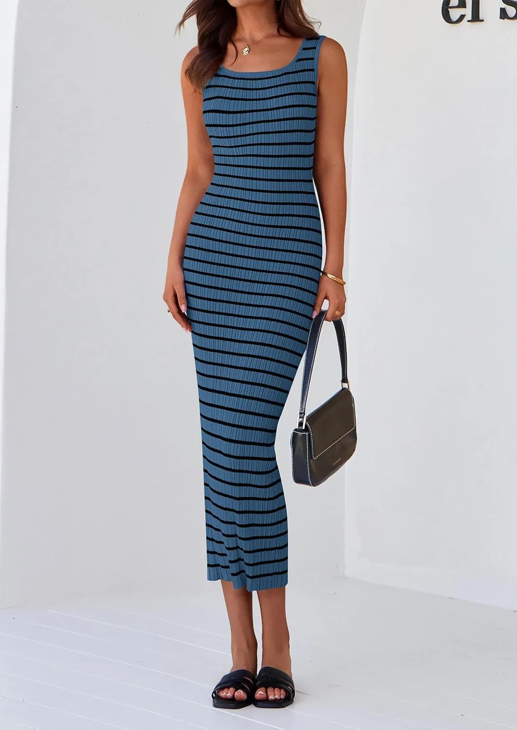 PRETTYGARDEN Beach Vacation Clothes for Women Summer 2025 Sleeveless Striped Ribbed Knit Bodycon Sundress Tank Dress