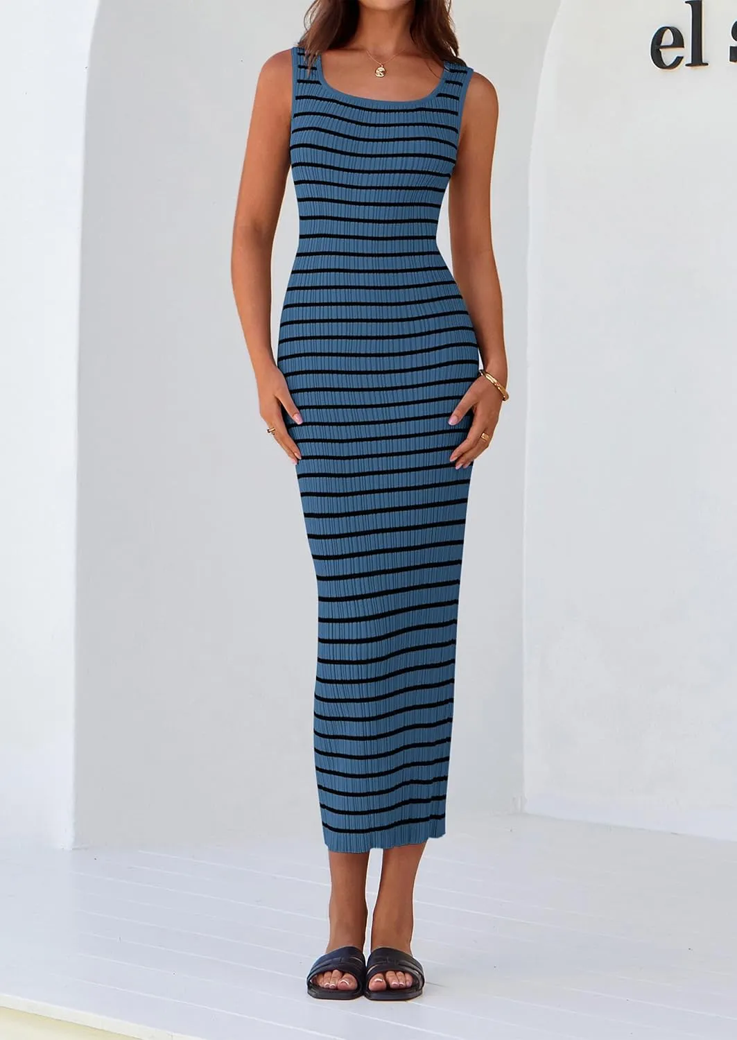 PRETTYGARDEN Beach Vacation Clothes for Women Summer 2025 Sleeveless Striped Ribbed Knit Bodycon Sundress Tank Dress