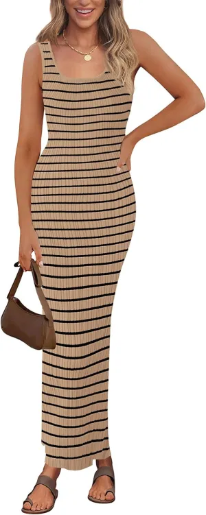 PRETTYGARDEN Beach Vacation Clothes for Women Summer 2025 Sleeveless Striped Ribbed Knit Bodycon Sundress Tank Dress