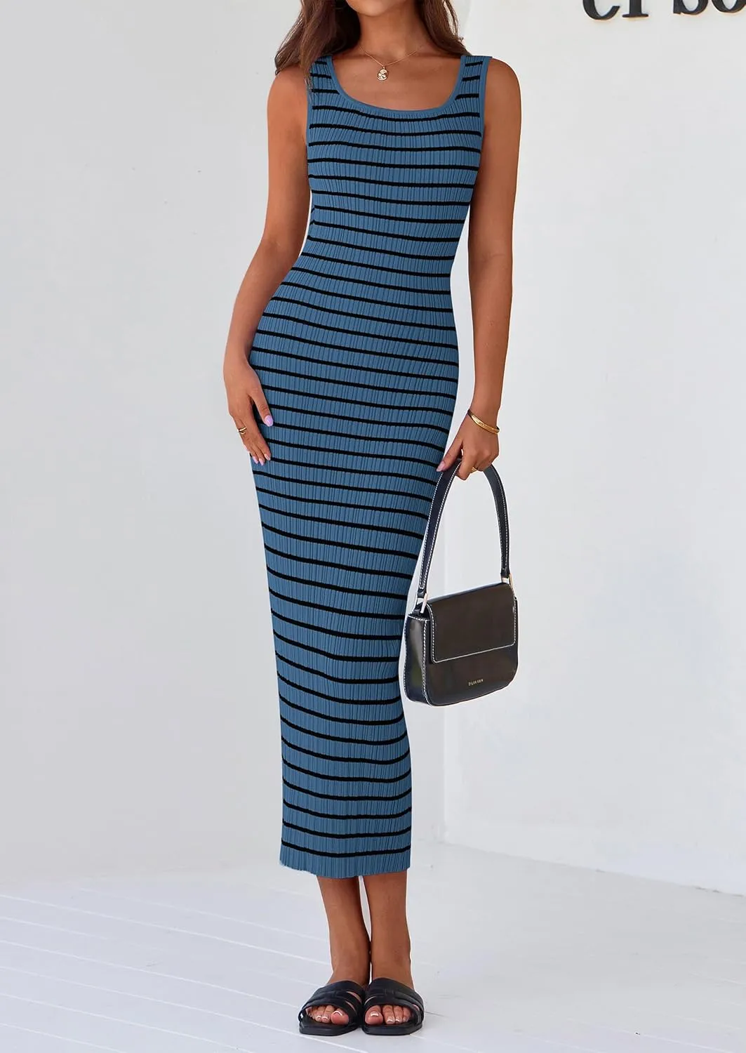 PRETTYGARDEN Beach Vacation Clothes for Women Summer 2025 Sleeveless Striped Ribbed Knit Bodycon Sundress Tank Dress