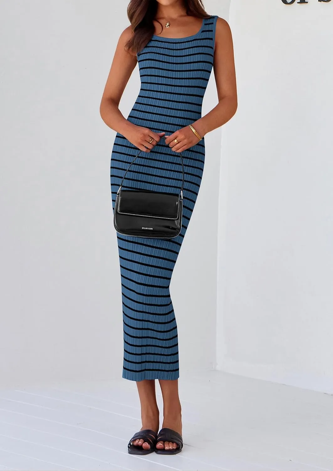 PRETTYGARDEN Beach Vacation Clothes for Women Summer 2025 Sleeveless Striped Ribbed Knit Bodycon Sundress Tank Dress