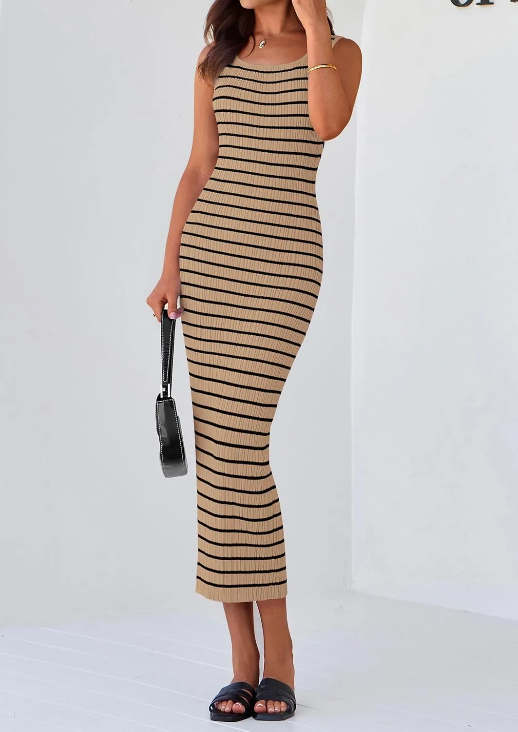 PRETTYGARDEN Beach Vacation Clothes for Women Summer 2025 Sleeveless Striped Ribbed Knit Bodycon Sundress Tank Dress