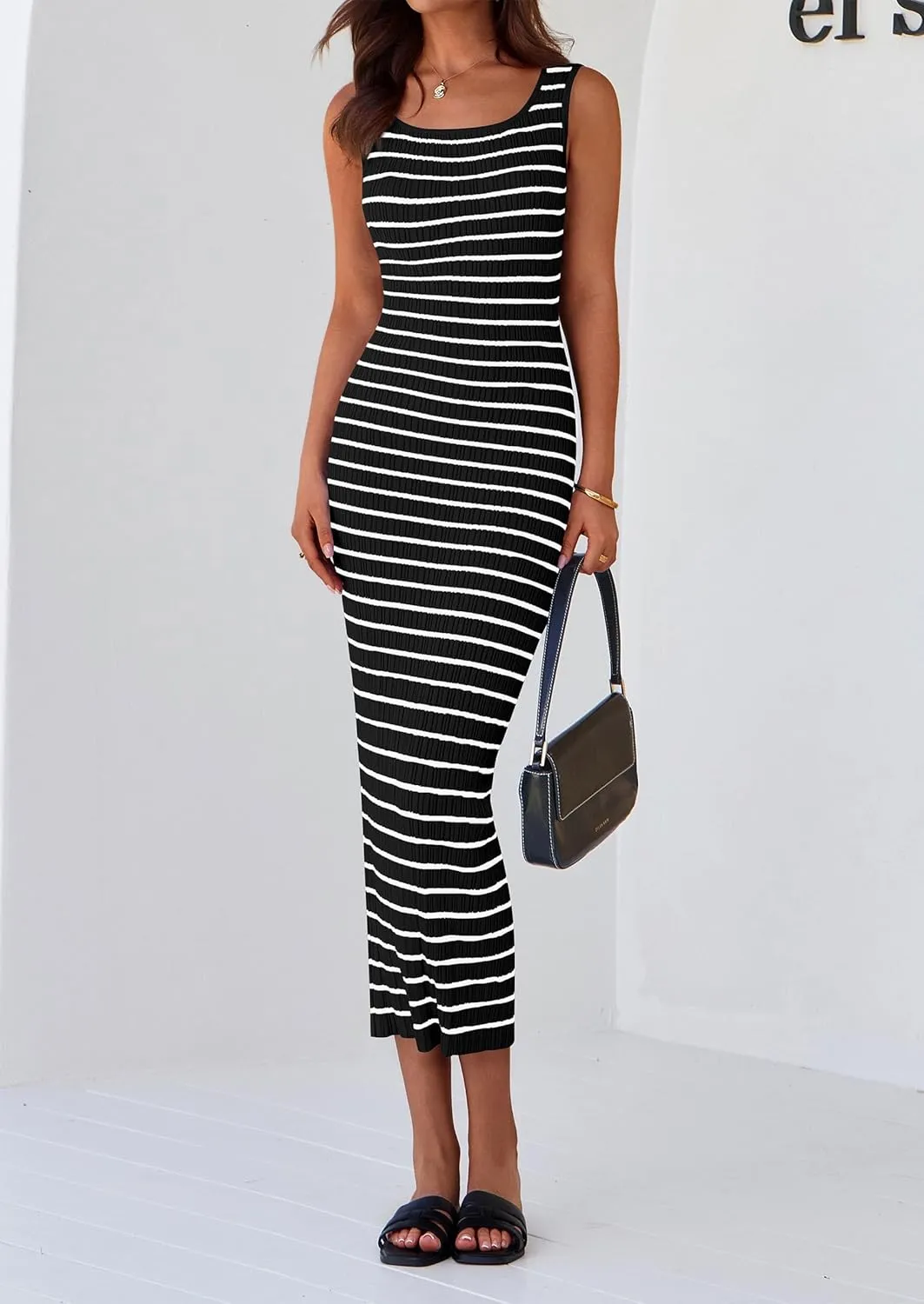 PRETTYGARDEN Beach Vacation Clothes for Women Summer 2025 Sleeveless Striped Ribbed Knit Bodycon Sundress Tank Dress