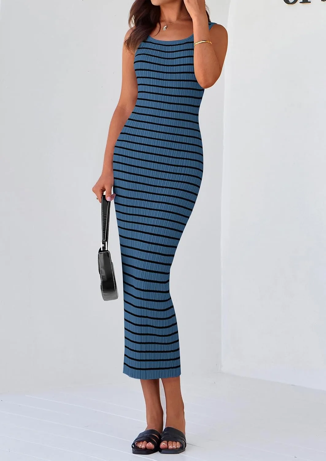 PRETTYGARDEN Beach Vacation Clothes for Women Summer 2025 Sleeveless Striped Ribbed Knit Bodycon Sundress Tank Dress