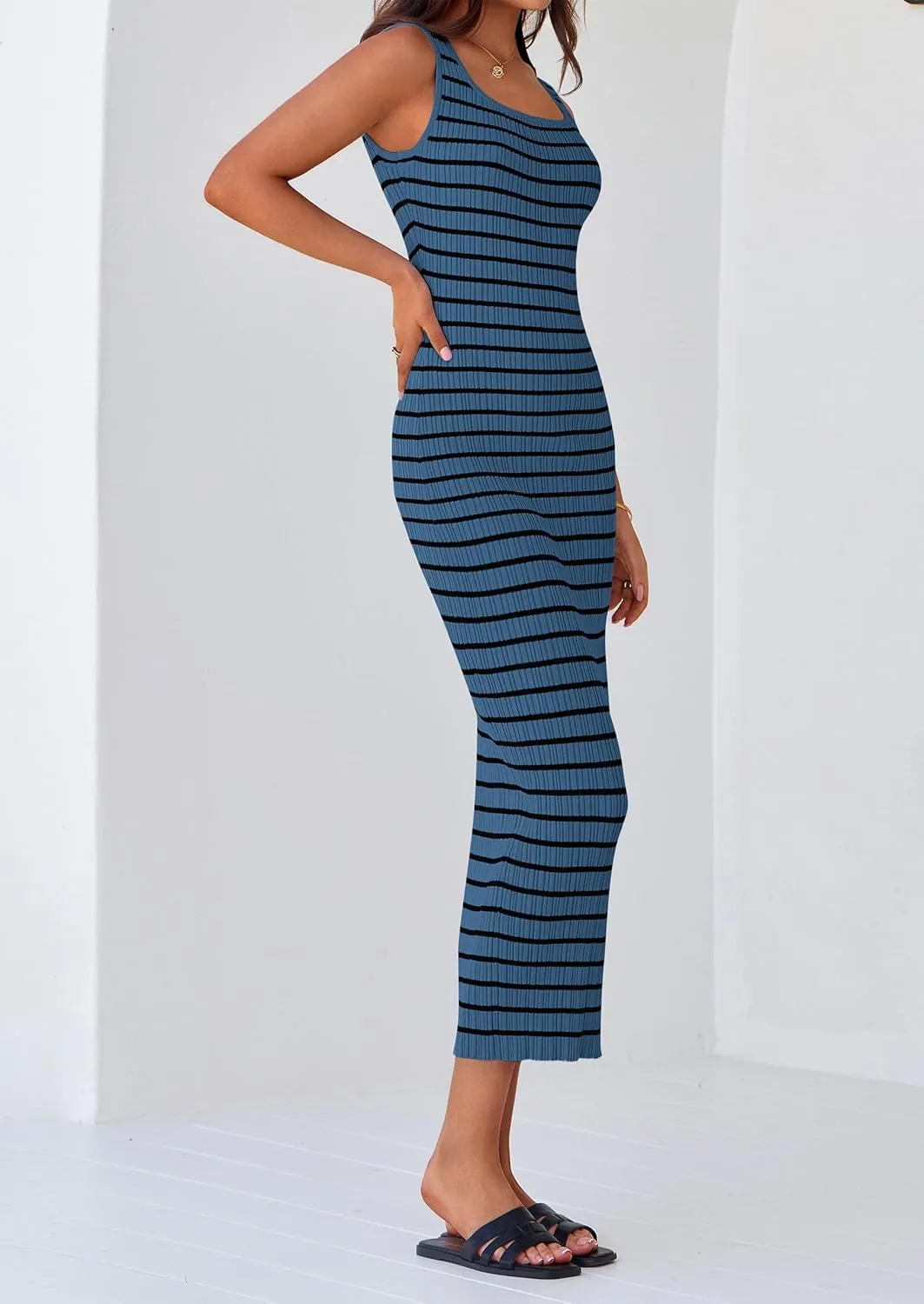 PRETTYGARDEN Beach Vacation Clothes for Women Summer 2025 Sleeveless Striped Ribbed Knit Bodycon Sundress Tank Dress
