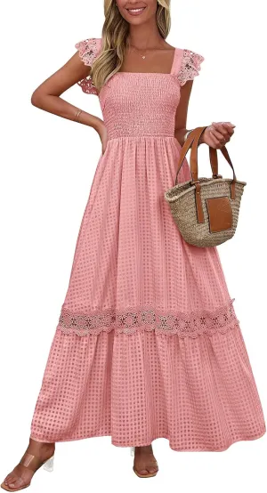 PRETTYGARDEN Women's Smocked Summer Maxi Dresses 2025 Ruffle Cap Sleeve Square Neck Lace Detail Flowy Sundress with Pockets