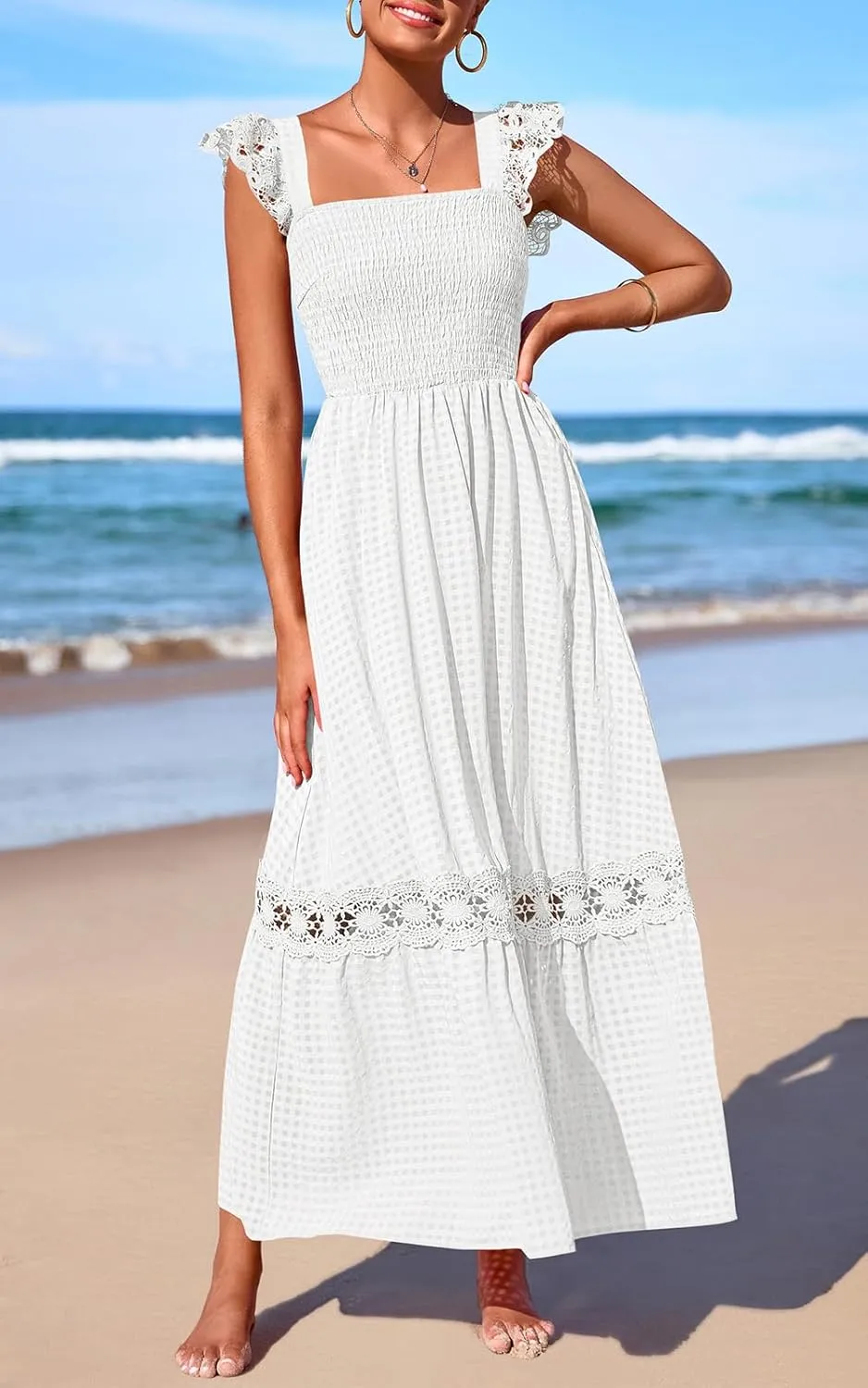 PRETTYGARDEN Women's Smocked Summer Maxi Dresses 2025 Ruffle Cap Sleeve Square Neck Lace Detail Flowy Sundress with Pockets