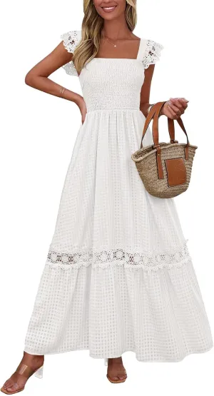 PRETTYGARDEN Women's Smocked Summer Maxi Dresses 2025 Ruffle Cap Sleeve Square Neck Lace Detail Flowy Sundress with Pockets