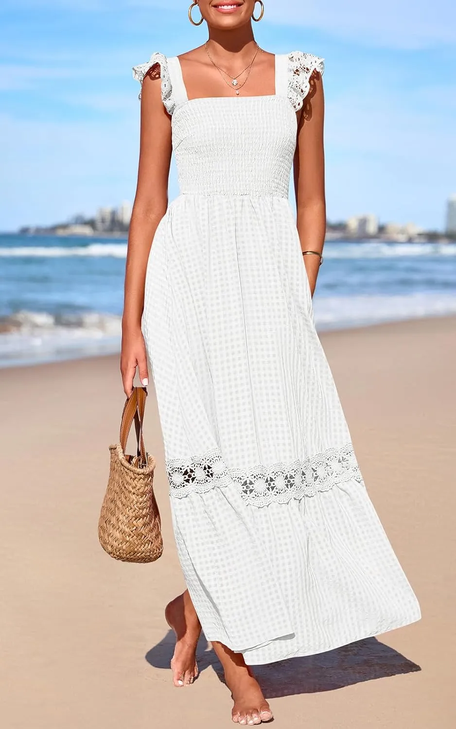 PRETTYGARDEN Women's Smocked Summer Maxi Dresses 2025 Ruffle Cap Sleeve Square Neck Lace Detail Flowy Sundress with Pockets
