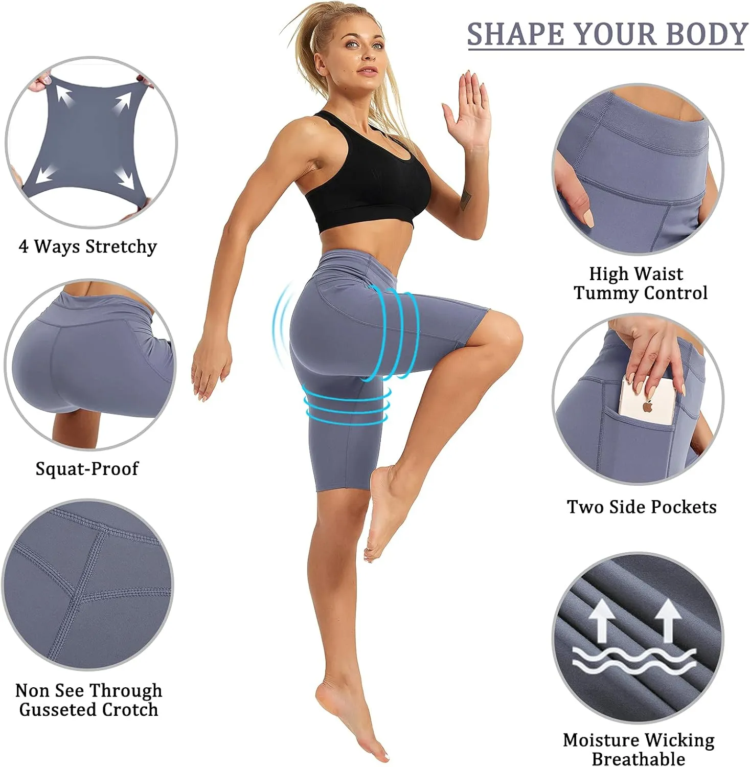 Rataves Womens Shorts 10" Workout Yoga Shorts with Pockets High Waisted Athletic Shorts Running Biker Shorts??007??