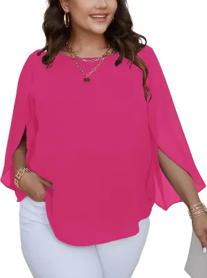 SCOMCHIC Plus Size Blouses for Women Summer Chiffon 3/4 Sleeve Tunic Tops Dressy Scoop Neck Casual Loose Flowy Shirts