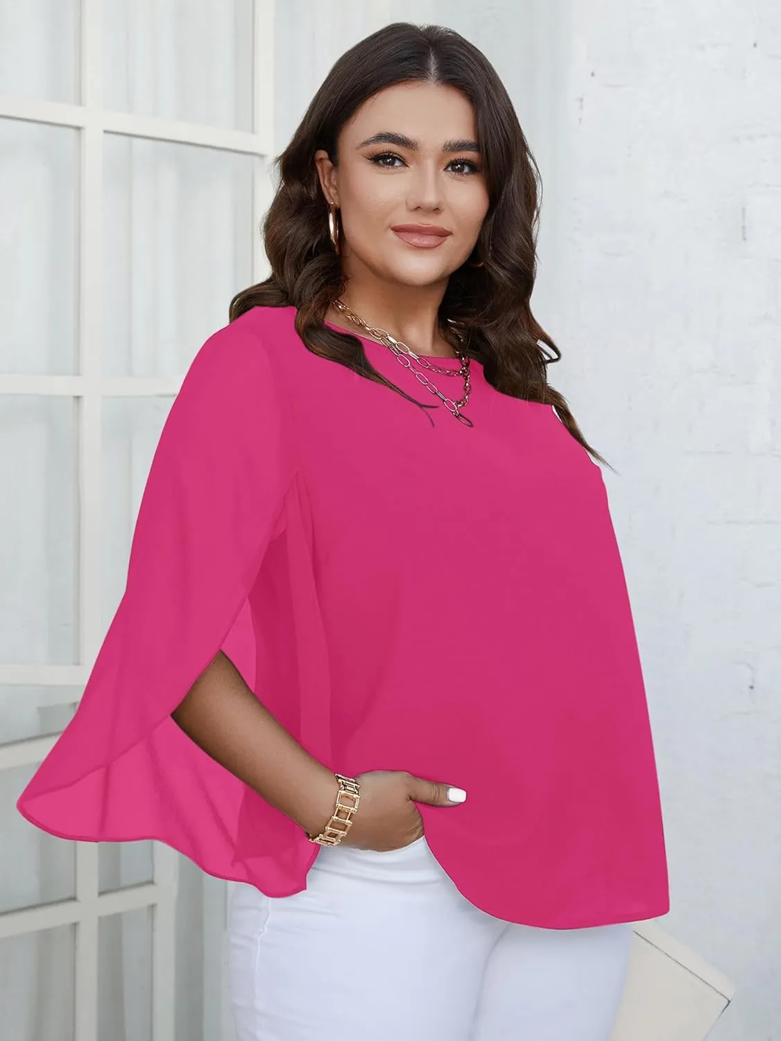 SCOMCHIC Plus Size Blouses for Women Summer Chiffon 3/4 Sleeve Tunic Tops Dressy Scoop Neck Casual Loose Flowy Shirts
