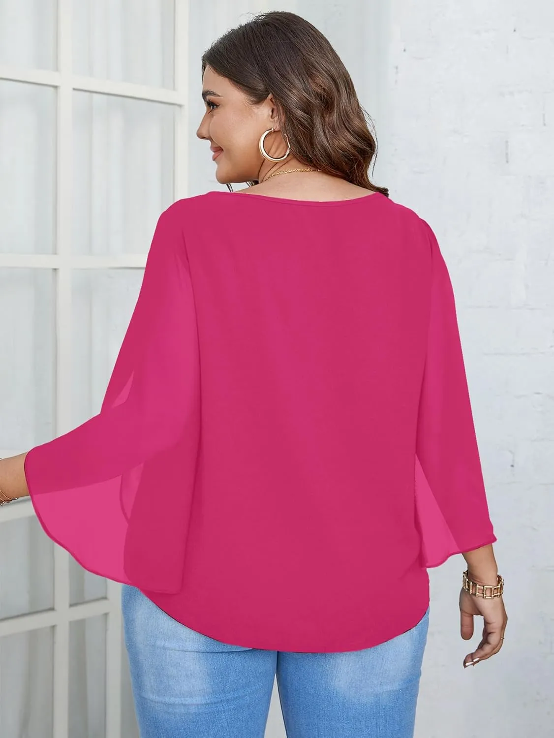 SCOMCHIC Plus Size Blouses for Women Summer Chiffon 3/4 Sleeve Tunic Tops Dressy Scoop Neck Casual Loose Flowy Shirts