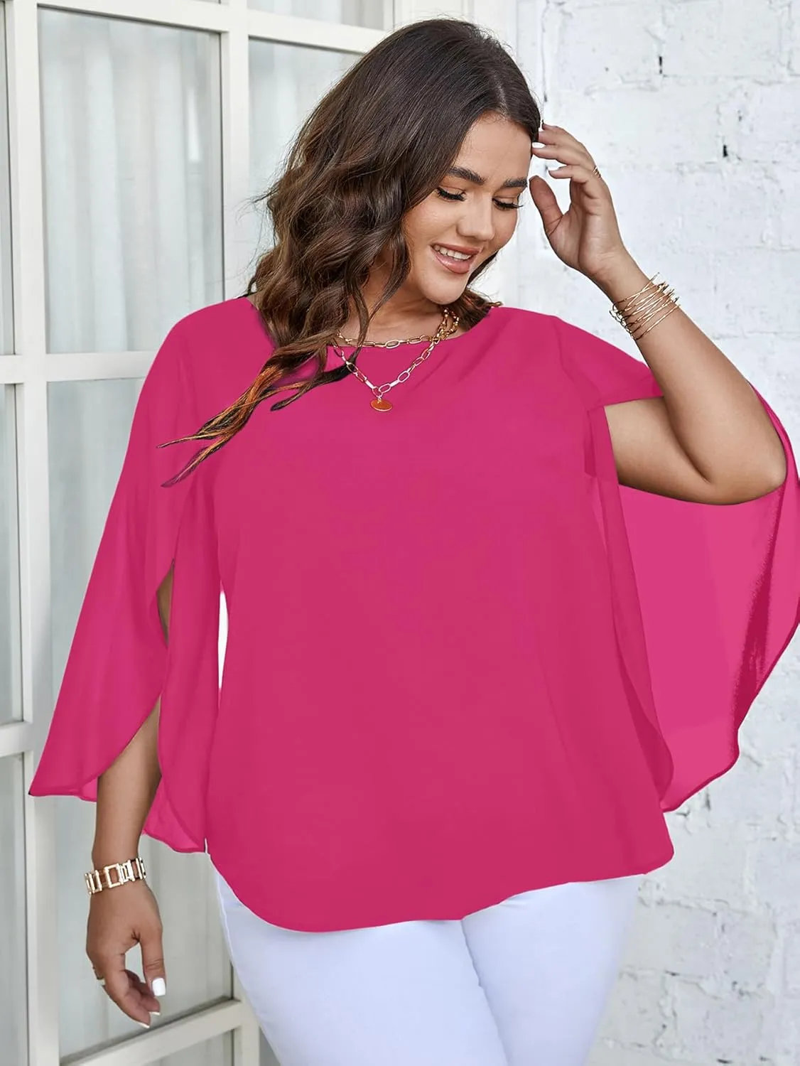 SCOMCHIC Plus Size Blouses for Women Summer Chiffon 3/4 Sleeve Tunic Tops Dressy Scoop Neck Casual Loose Flowy Shirts
