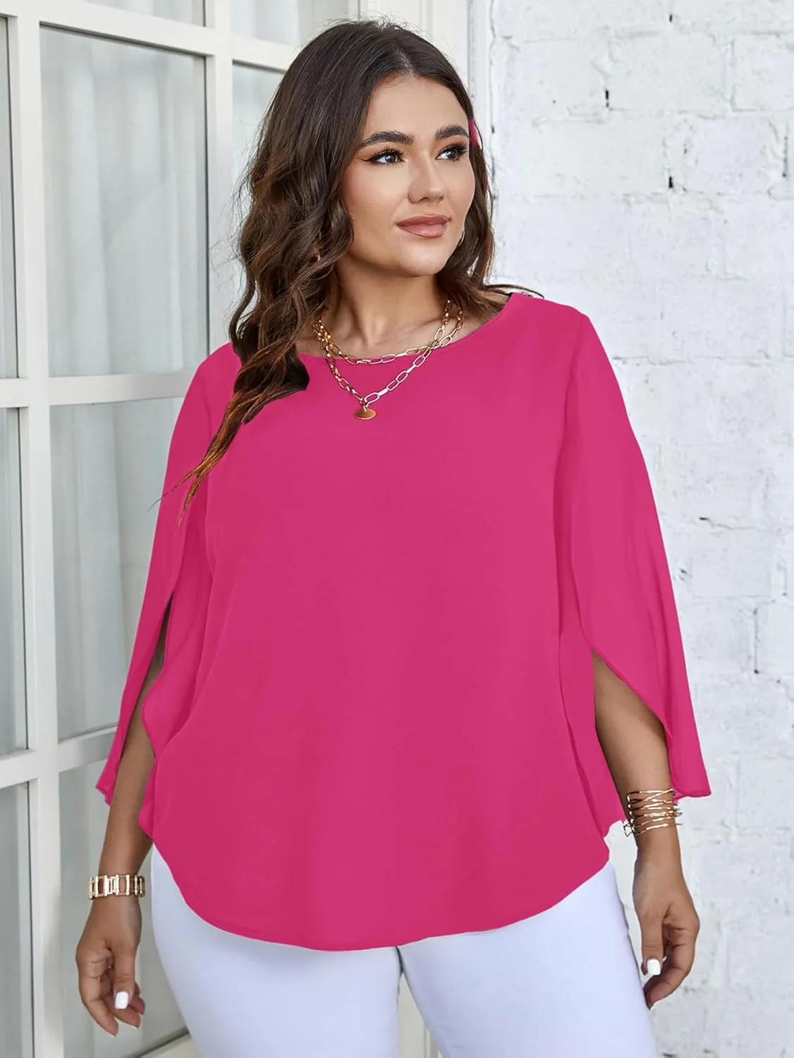 SCOMCHIC Plus Size Blouses for Women Summer Chiffon 3/4 Sleeve Tunic Tops Dressy Scoop Neck Casual Loose Flowy Shirts