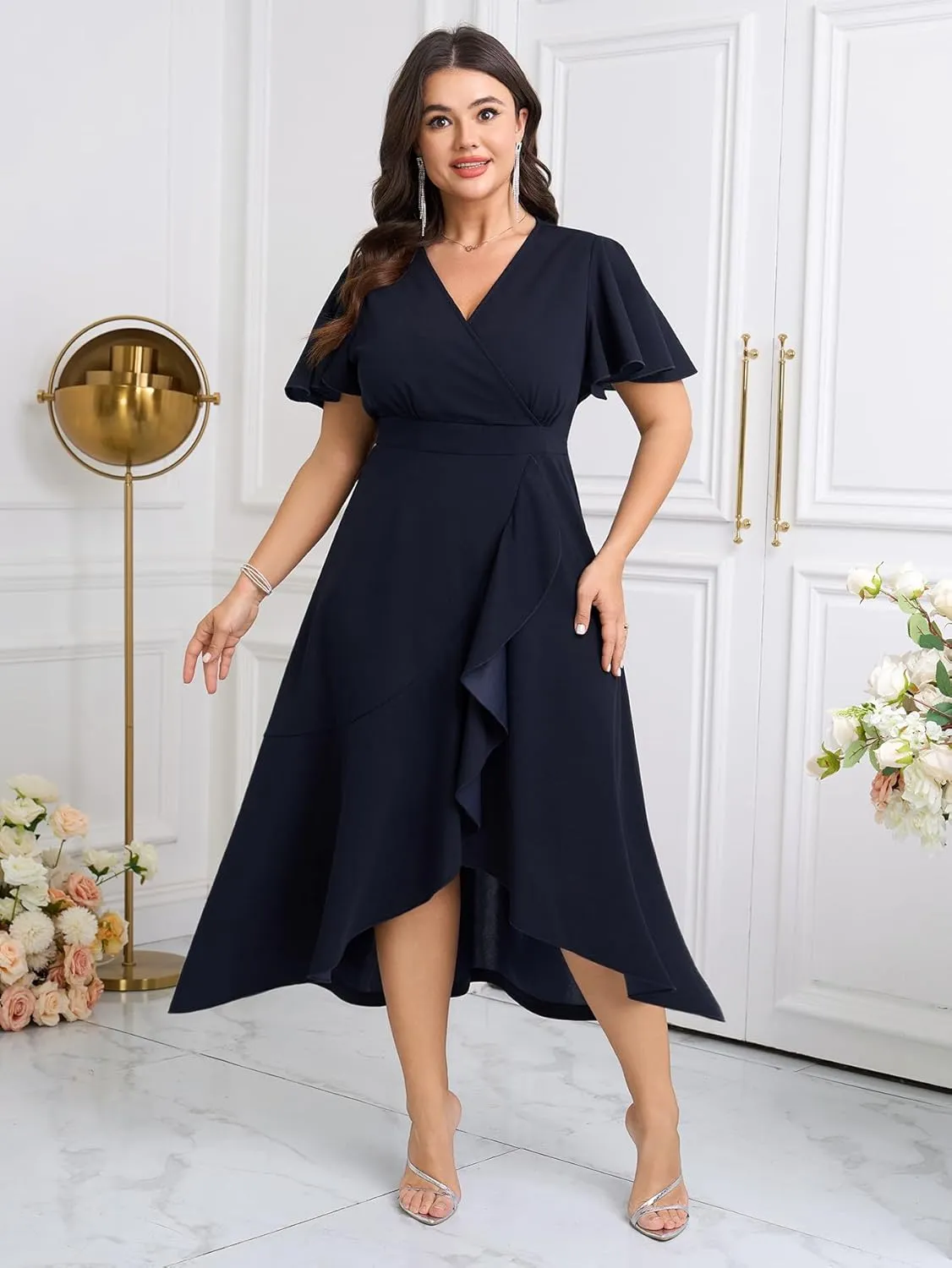 SCOMCHIC Plus Size Formal Dresses for Women Wedding Guest V Neck Wrap Ruffle Split Cocktail Party Evening Gowns Dress