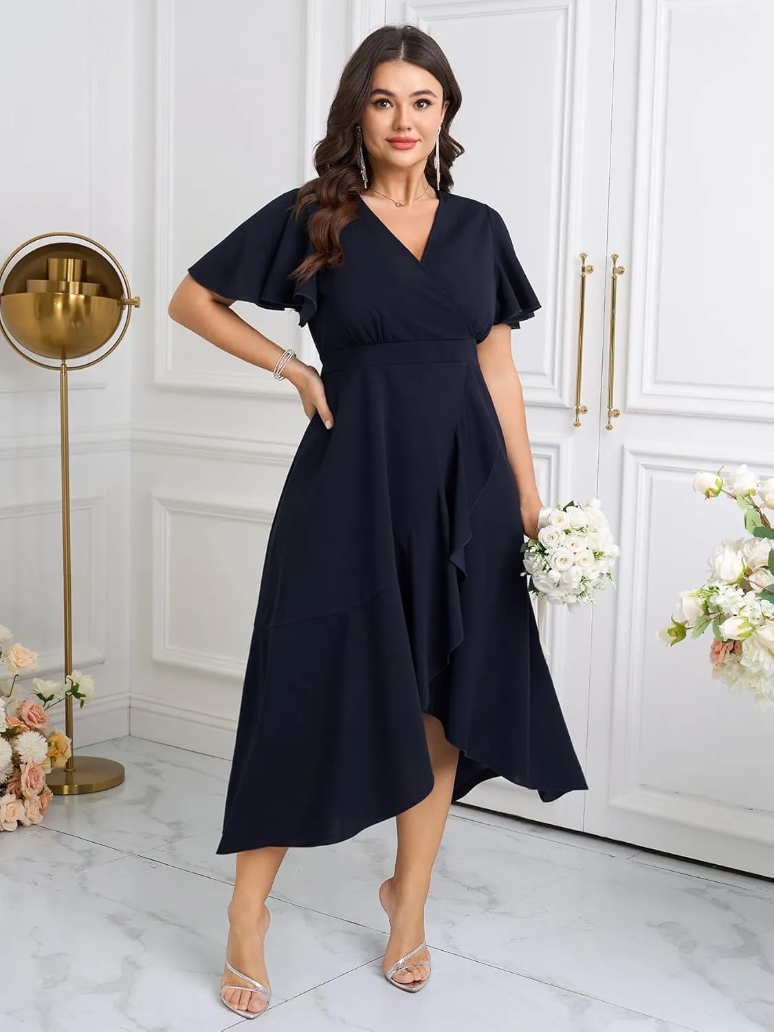 SCOMCHIC Plus Size Formal Dresses for Women Wedding Guest V Neck Wrap Ruffle Split Cocktail Party Evening Gowns Dress