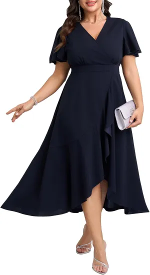 SCOMCHIC Plus Size Formal Dresses for Women Wedding Guest V Neck Wrap Ruffle Split Cocktail Party Evening Gowns Dress