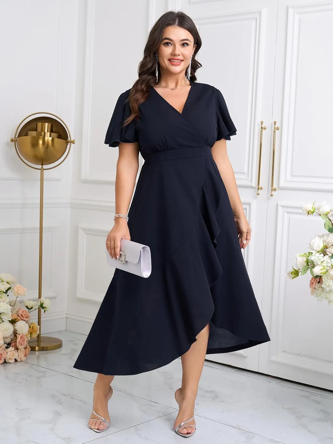 SCOMCHIC Plus Size Formal Dresses for Women Wedding Guest V Neck Wrap Ruffle Split Cocktail Party Evening Gowns Dress