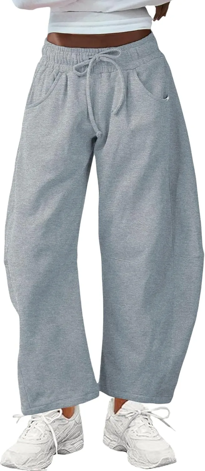 SeekMe Women's Barrel Leg Sweatpant Drawstring Elastic Waisted Wide Leg Pants Casual Cotton Palazzo Trousers with Pockets