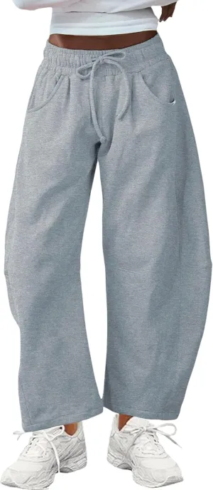 SeekMe Women's Barrel Leg Sweatpant Drawstring Elastic Waisted Wide Leg Pants Casual Cotton Palazzo Trousers with Pockets