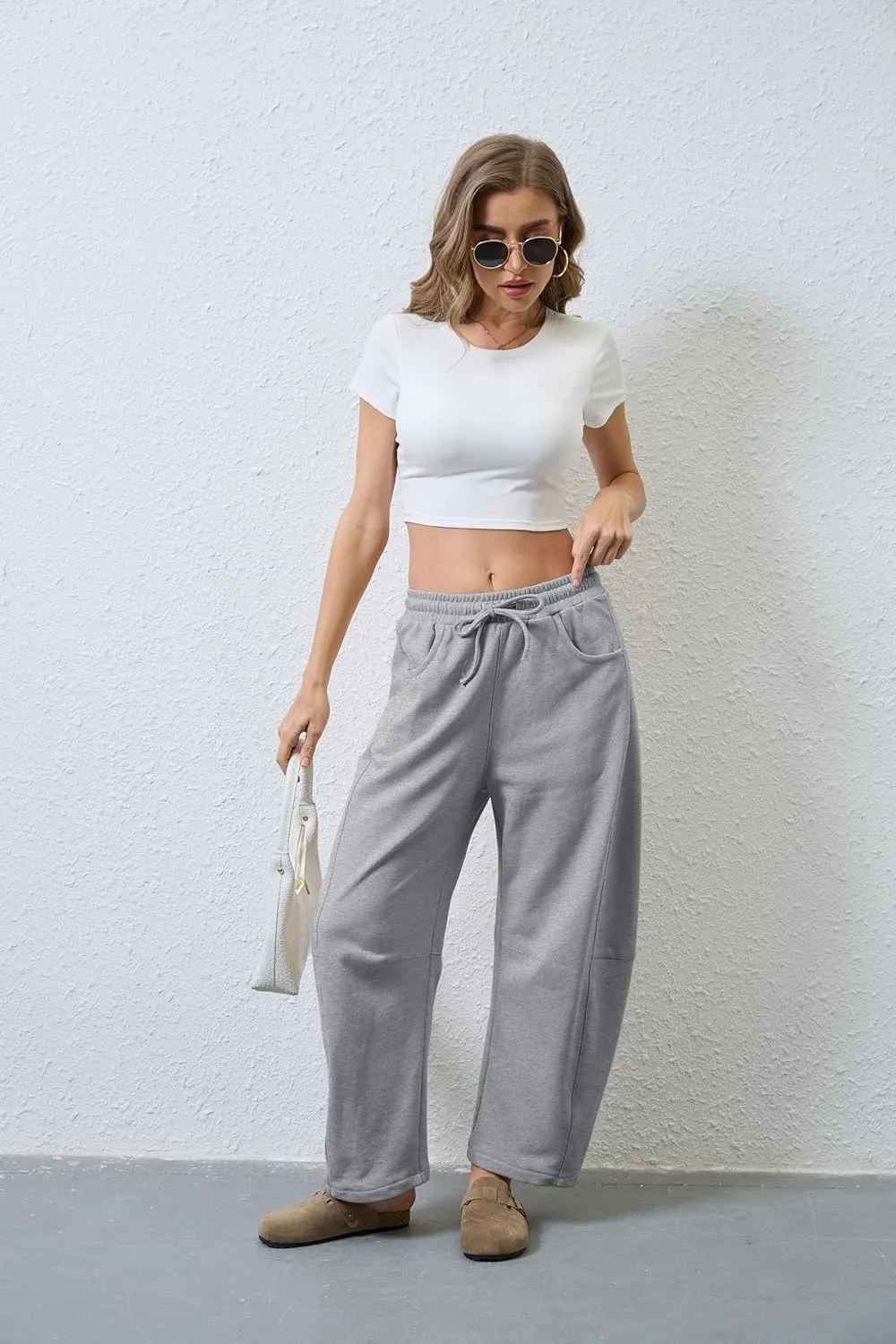 SeekMe Women's Barrel Leg Sweatpant Drawstring Elastic Waisted Wide Leg Pants Casual Cotton Palazzo Trousers with Pockets