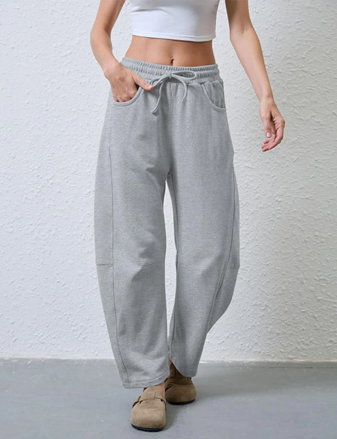 SeekMe Women's Barrel Leg Sweatpant Drawstring Elastic Waisted Wide Leg Pants Casual Cotton Palazzo Trousers with Pockets
