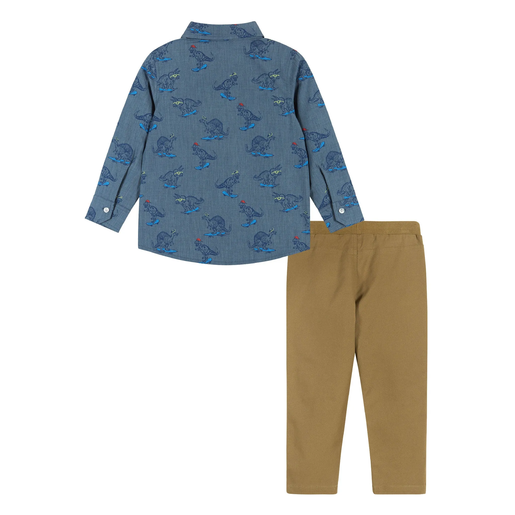 Skateboarding Dino Chambray Buttondown Set  | Blue
