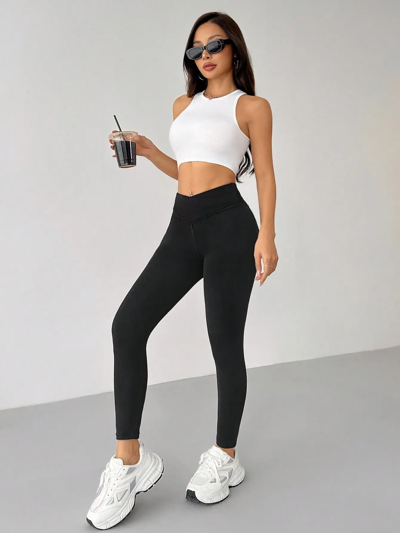 Solid Color Black High Waisted Fleece Leggings