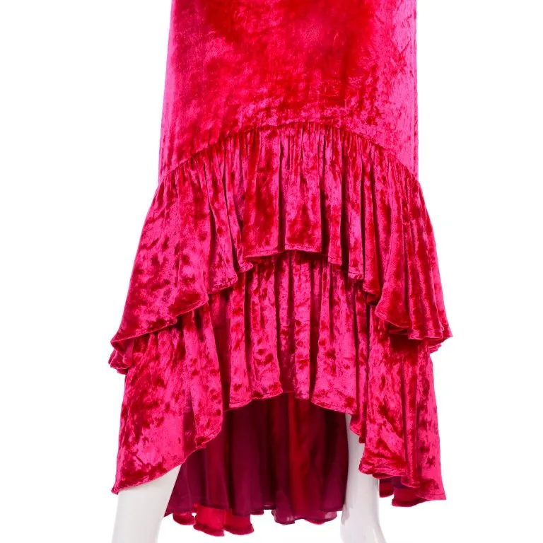 Sonia Rykiel Raspberry Pink Crushed Velvet Dress W/ Layered High Low Ruffle Hem