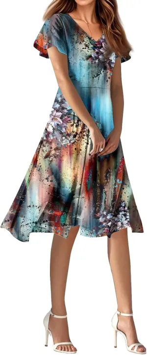 Spring Dresses for Women 2025 Weddingcasualflowyelegant Dress Ruffle Short Sleeve Floral Dresses Midi Chiffon Dress