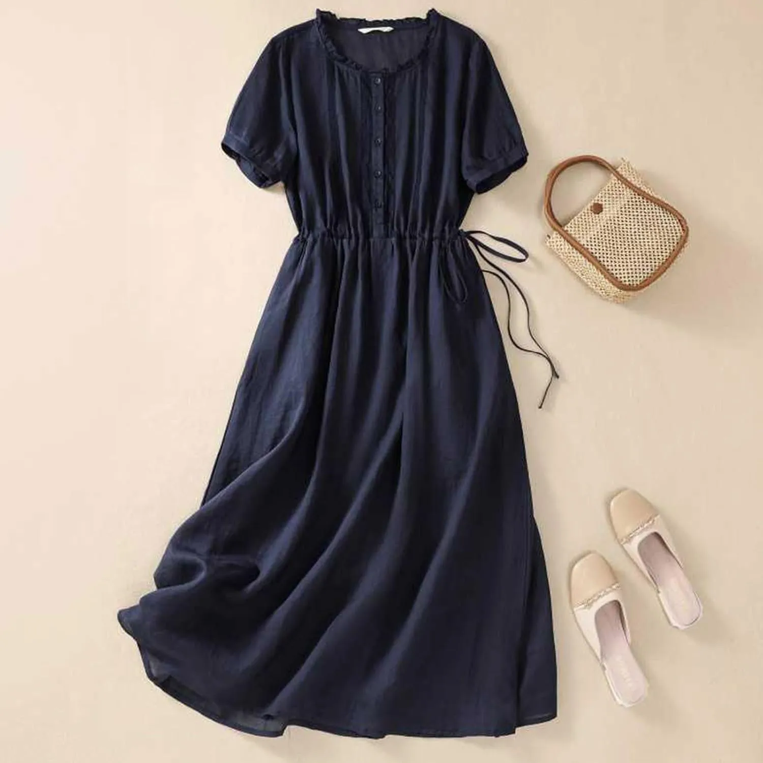 Summer Cotton Linen Dresses for Women Short Sleeve Button Down Tunic Dresses Dressy Casual Flowy Lounge Maxi Dress