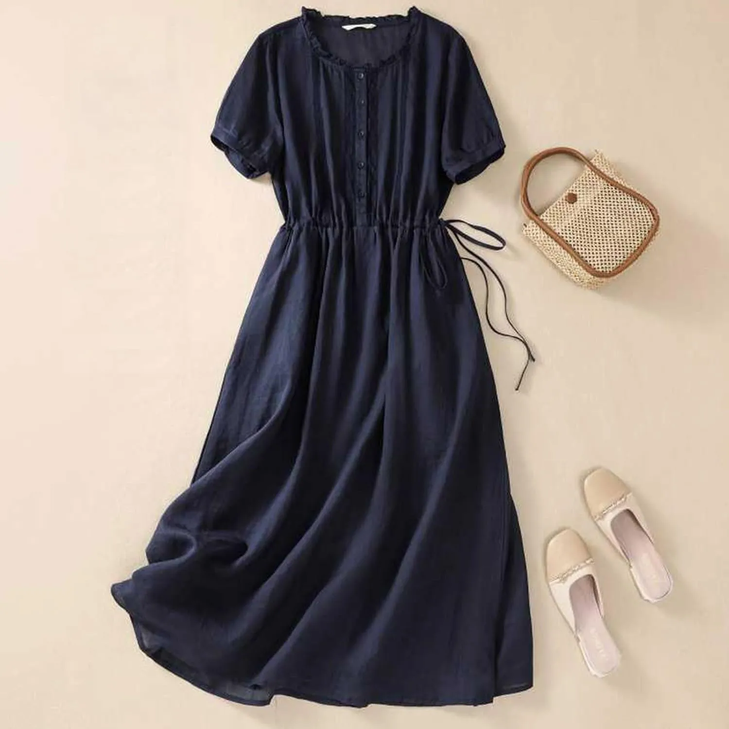 Summer Cotton Linen Dresses for Women Short Sleeve Button Down Tunic Dresses Dressy Casual Flowy Lounge Maxi Dress