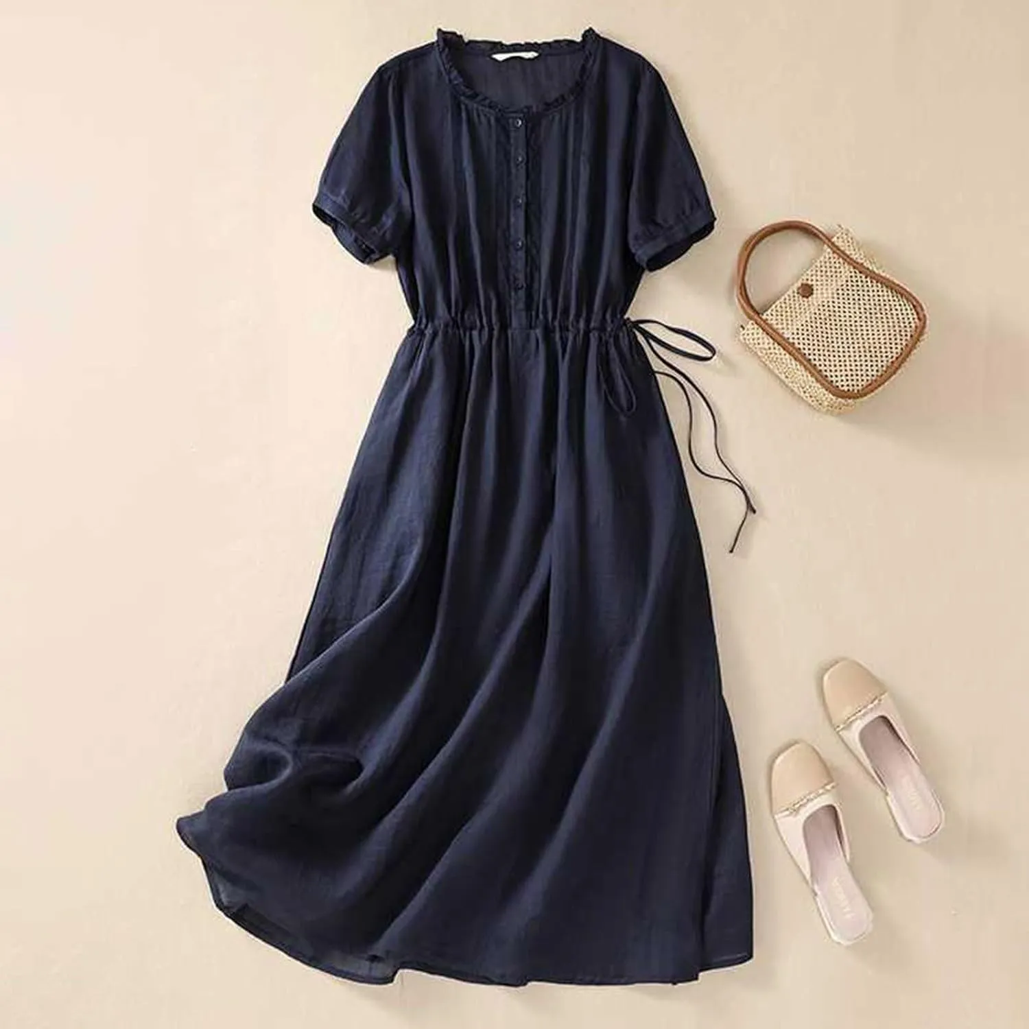 Summer Cotton Linen Dresses for Women Short Sleeve Button Down Tunic Dresses Dressy Casual Flowy Lounge Maxi Dress