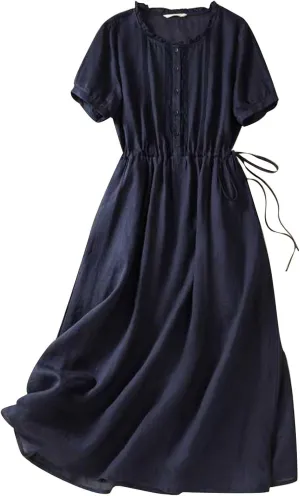 Summer Cotton Linen Dresses for Women Short Sleeve Button Down Tunic Dresses Dressy Casual Flowy Lounge Maxi Dress