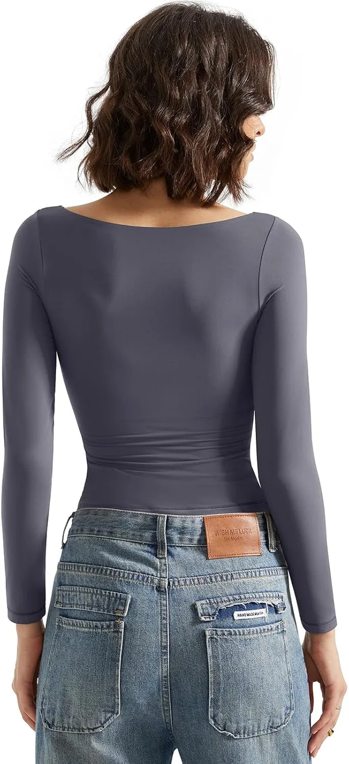 SUUKSESS Women Crew Neck Long Sleeve T Shirts Double Lined Tight Fitted Crop Top
