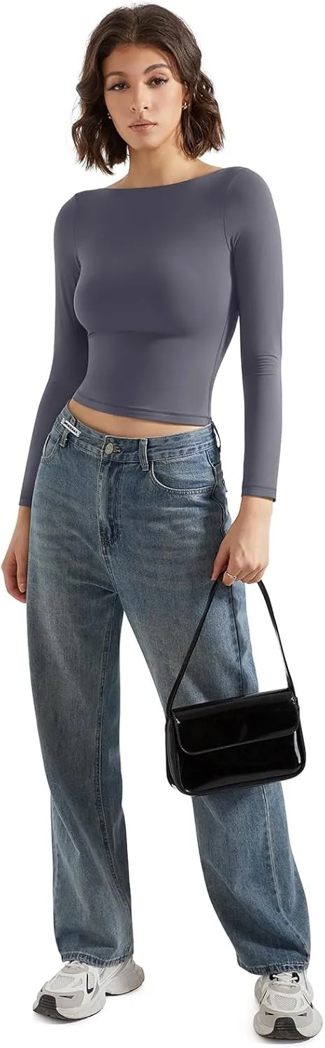 SUUKSESS Women Crew Neck Long Sleeve T Shirts Double Lined Tight Fitted Crop Top
