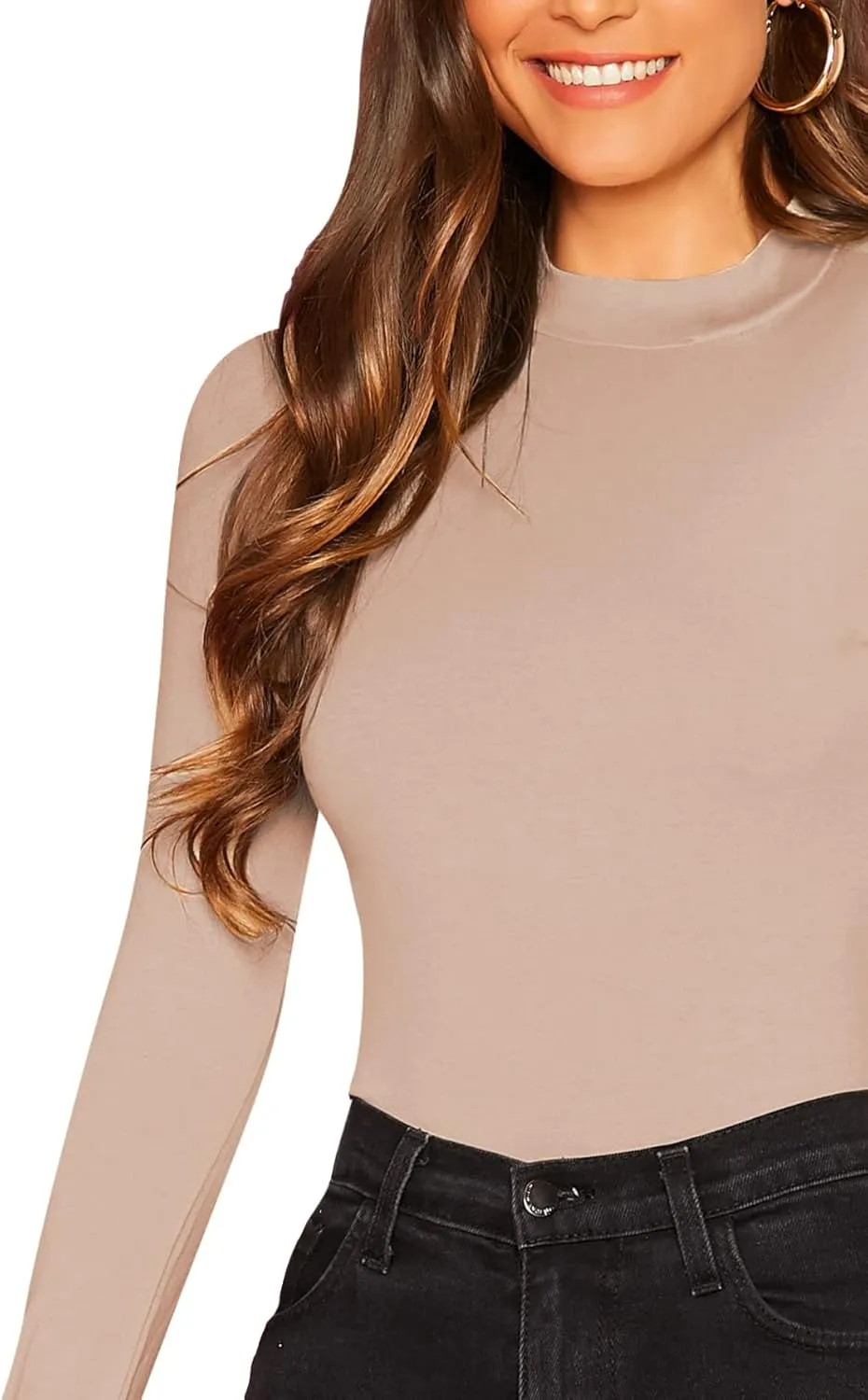 Verdusa Women's Basic Mock Neck Slim Fitted Long Sleeve Pullovers Tee Tops