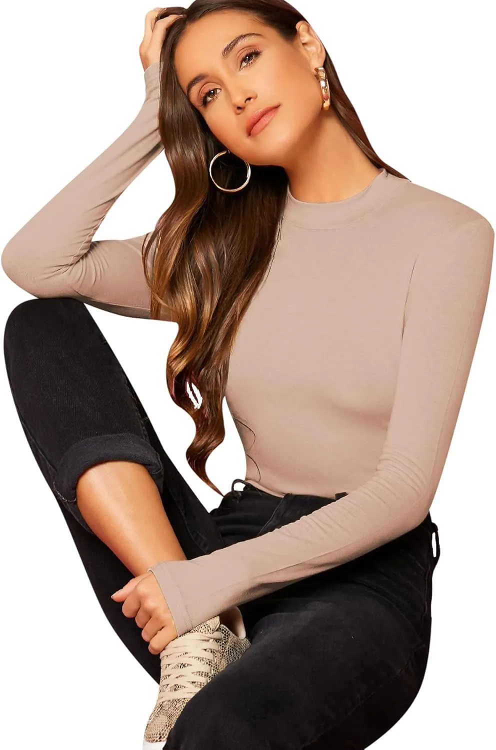 Verdusa Women's Basic Mock Neck Slim Fitted Long Sleeve Pullovers Tee Tops