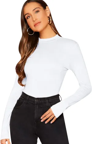 Verdusa Women's Basic Mock Neck Slim Fitted Long Sleeve Pullovers Tee Tops