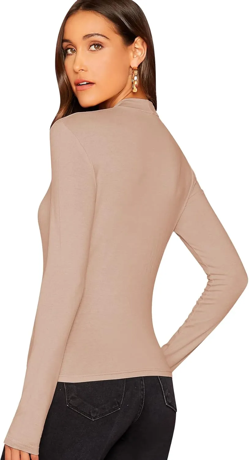 Verdusa Women's Basic Mock Neck Slim Fitted Long Sleeve Pullovers Tee Tops