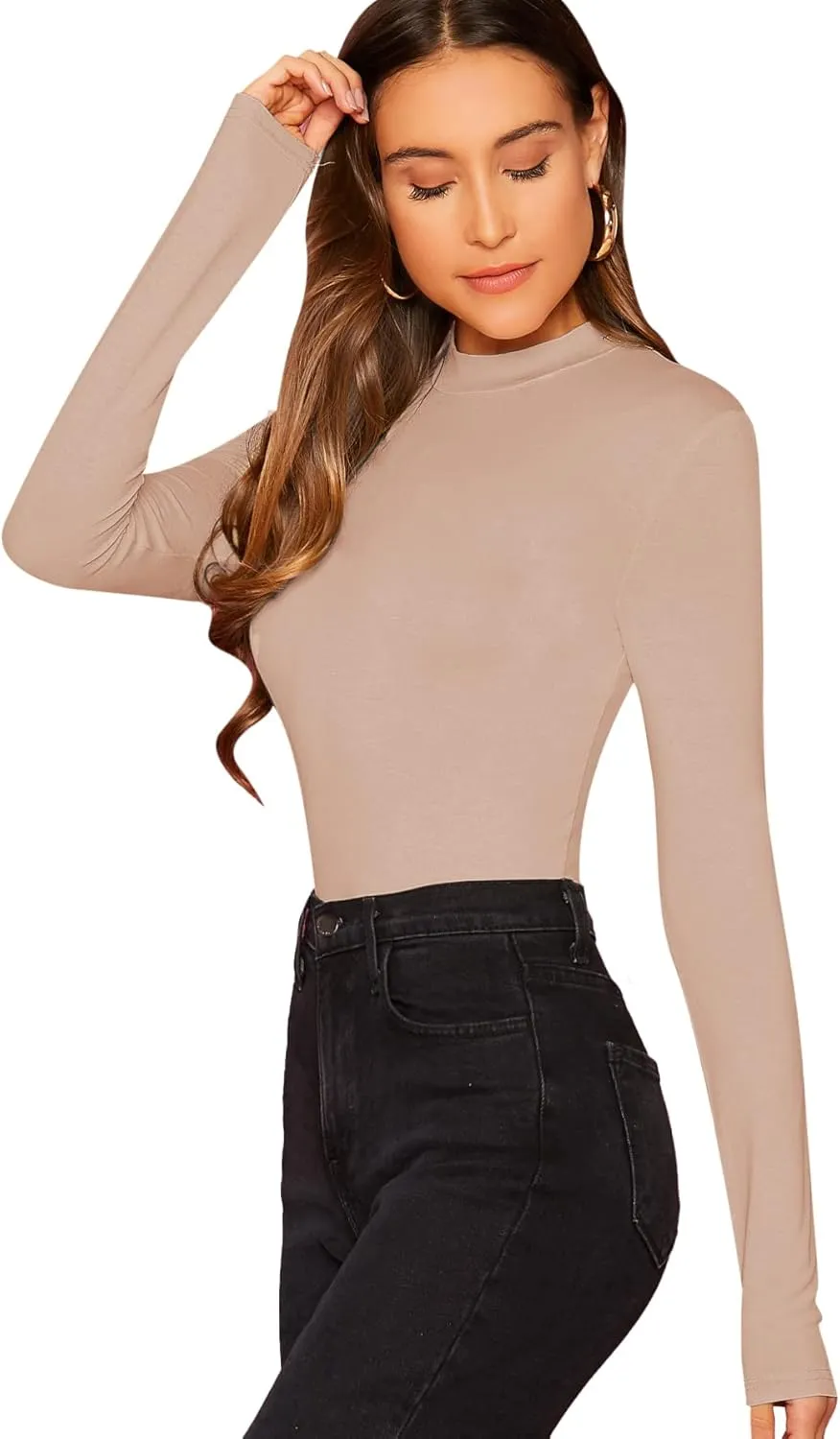 Verdusa Women's Basic Mock Neck Slim Fitted Long Sleeve Pullovers Tee Tops