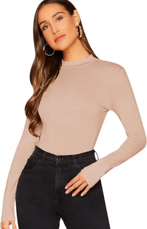 Verdusa Women's Basic Mock Neck Slim Fitted Long Sleeve Pullovers Tee Tops