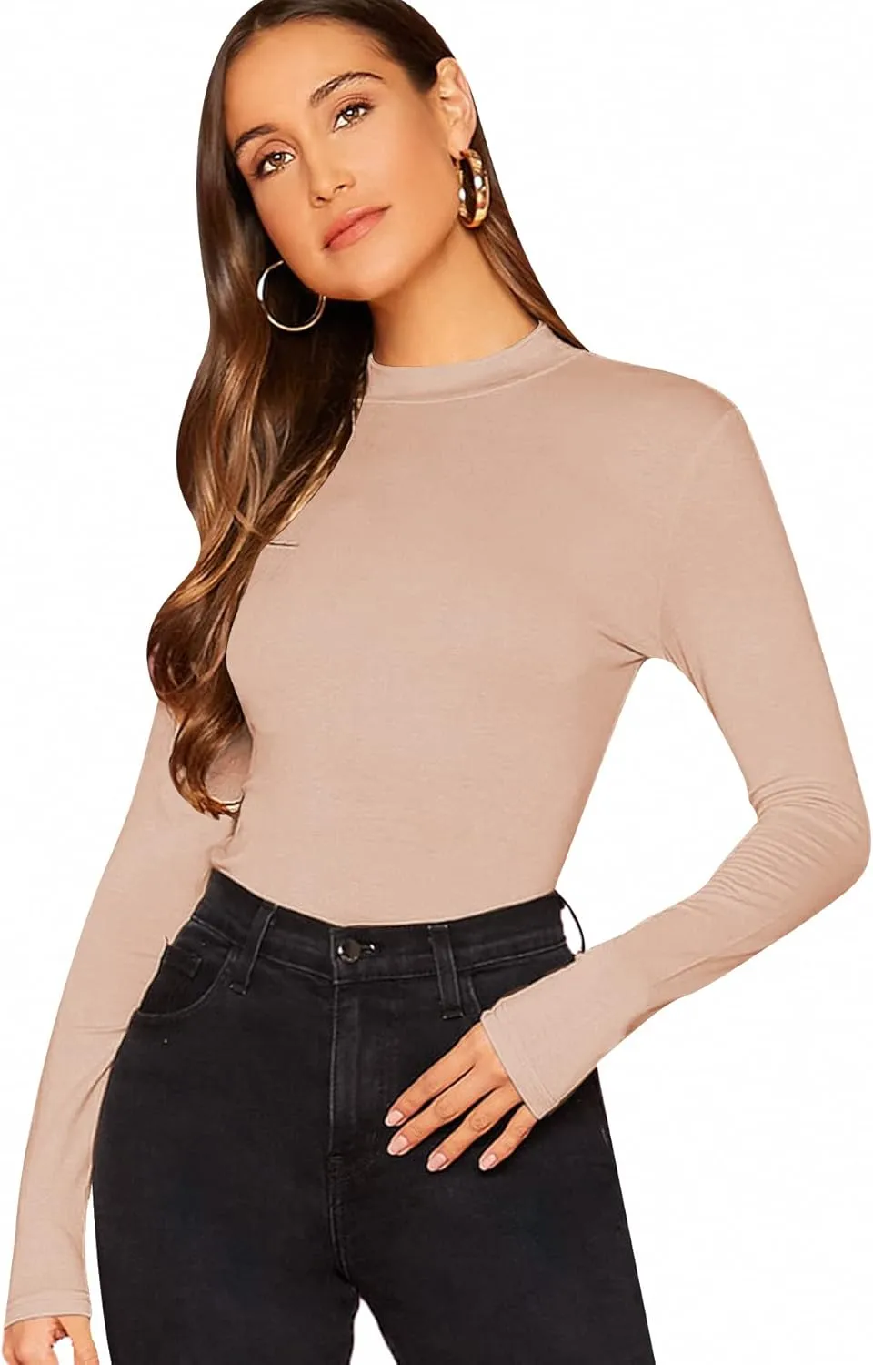 Verdusa Women's Basic Mock Neck Slim Fitted Long Sleeve Pullovers Tee Tops