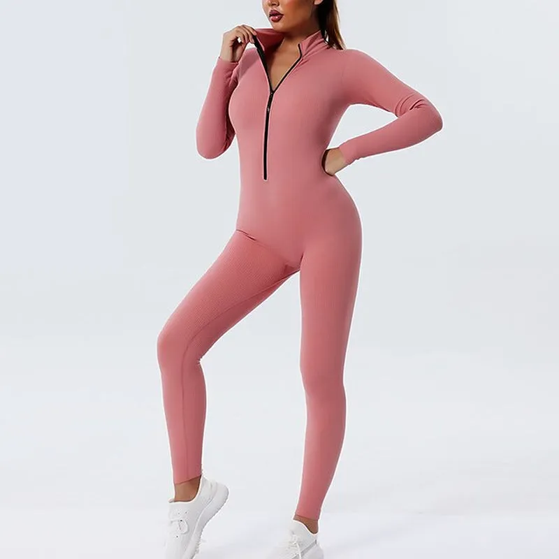 Winter Women's Spandex Bodysuit Workout Set - Front Zip Tummy Control & Butt Lift Activewear in Black & Pink