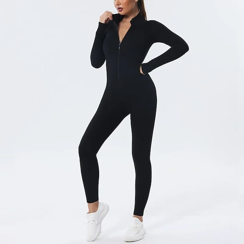 Winter Women's Spandex Bodysuit Workout Set - Front Zip Tummy Control & Butt Lift Activewear in Black & Pink