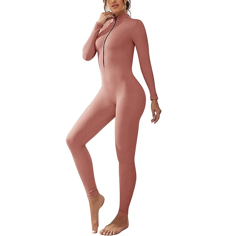 Winter Women's Spandex Bodysuit Workout Set - Front Zip Tummy Control & Butt Lift Activewear in Black & Pink