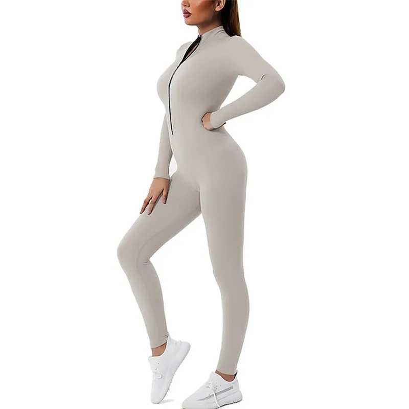 Winter Women's Spandex Bodysuit Workout Set - Front Zip Tummy Control & Butt Lift Activewear in Black & Pink