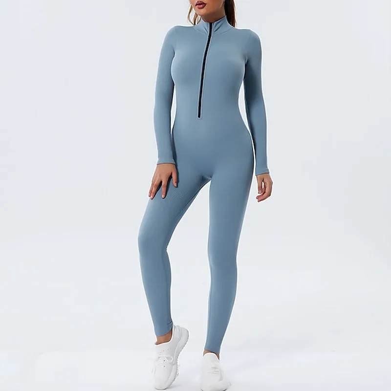Winter Women's Spandex Bodysuit Workout Set - Front Zip Tummy Control & Butt Lift Activewear in Black & Pink
